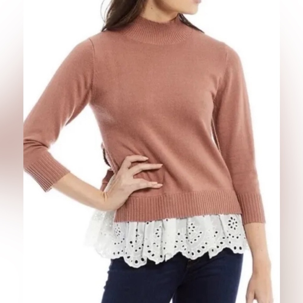 Roller Rabbit cotton cashmere combination eyelet sweater fall mauve pink white
